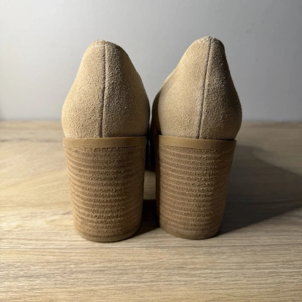 Joie Heeled Loafers Tan Suede Square Toe Block‎ Heel Slip On Mules 8.5 Career